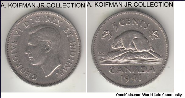 KM-33, 1941 Canada 5 cents; nickel, plain edge; George VI, WWII period, average very fine.
