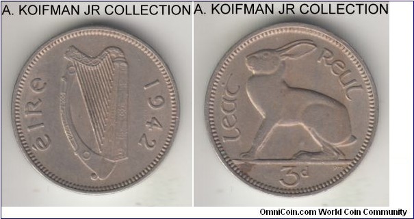 KM-12a, 1942 Ireland 3 pence; copper nickel, plain edge; first year of the type and common, extra fine, reverse spot.