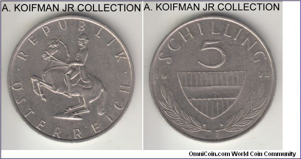 KM-2889a, 1972 Austria 5 schilling; copper-nickel, reeded edge; Lippizaner stallion, circulation issue, good extra fine or so.