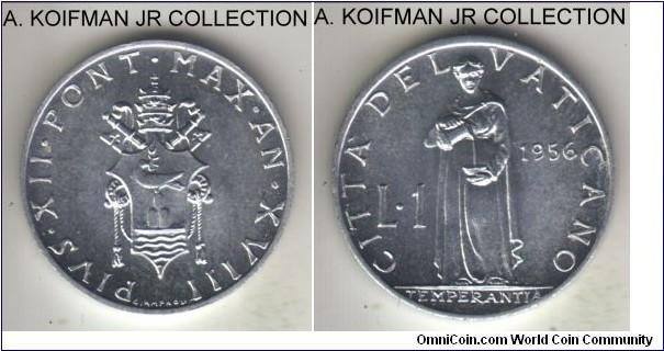KM-49.2, 1956 Vatican lira; aluminum, plain edge; XVIII year of Pius XII, scarce year with 10,000 mintage, bright uncirculated, minimal toning.