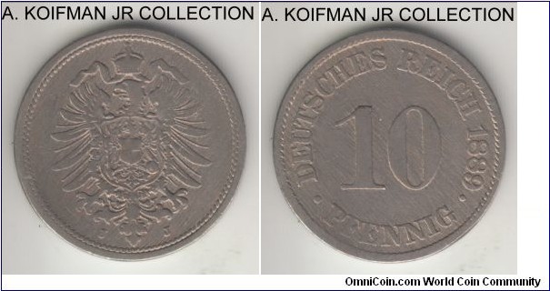 KM-4, 1889 Germany 10 pfennig, Hamburg mint (J mint mark); copper-nickel, plain edge; Wilhelm I, last year of the type and relatively small mintage, fine details, cleaned.