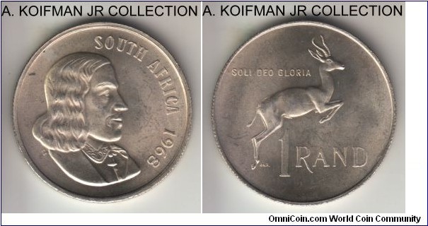 KM-71.1, 1968 South Africa (Republic) rand; silver, reeded edge; English legend SOUTH AFRICA, Jan van Riebeeck, minted in sets only with mintage 50,000, lustrous bright white uncirculated.