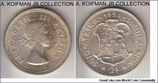 KM-50, 1954 South Africa (Dominion) 2 shillings; silver, reeded edge; Elizabeth II, uncirculated, partially toned obverse.