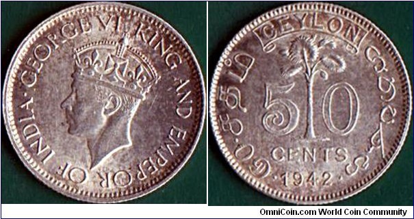 Ceylon 1942 50 Cents.

Type coin.