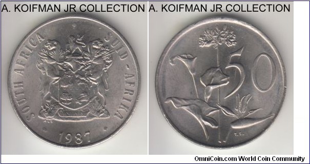 KM-87, 1987 South Africa 50 cents; nickel, plain edge; circulation business strike, average uncirculated with some bagmarks.