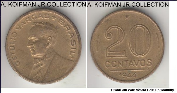 KM-556a, 1944 Brazil 20 centavos; aluminum-bronze, plain edge; Getulio Vargas circulation issue, uncirculated or almost, lightly toned in places.