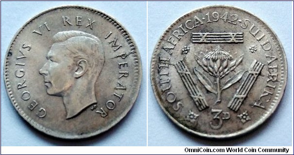 South Africa 3 pence.
1942, Ag 800. Weight; 1,41g. Diameter; 16,3mm. 
Mintage: 8.055.784 pcs.