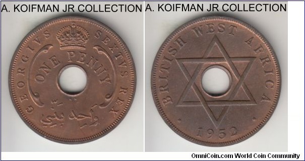 KM-30a, 1952 British West Africa penny, Kings Norton mint (KN mintmark); bronze, holed flan, plain edge; George VI last type and year, red brown uncirculated.