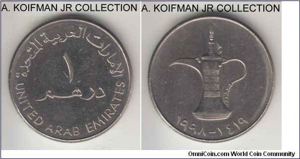 KM-6.2, AH1419 (1998) United Arab Emirates dirham; copper-nickel, reeded edge; decent details grade from circulation.