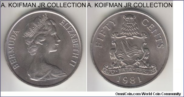 KM-19, 1981 Bermuda 50 cents; copper-nickel, reeded edge; Elizabeth II, mintage 100,000, average uncirculated or almost.