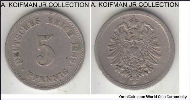 KM-3, 1889 Germany 10 pfennig, Mildenhutten mint (E mint mark); copper-nickel, plain edge; Wilhelm I, last year of the type and relatively small mintage, good fine details, likely cleaned.