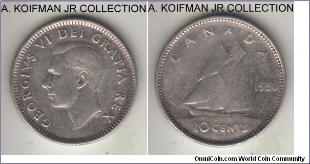KM-43, 1950 Canada 10 cents; silver, reeded edge; George VI, second type without IMP. IND., average circulated fine.
