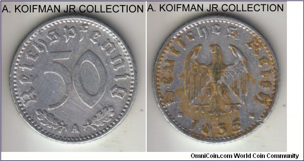 KM-87, 1935 Germany (Third Reich) 50 reichspfennig, Berlin mint (A mint mark); aluminum, reeded edge; 1-year type, about extra fine details but glue on obverse and possiobly cleaned.