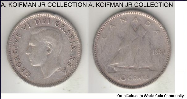 KM-43, 1951 Canada 10 cents; silver, reeded edge; George VI, second type without IMP. IND., average circulated fine or so.