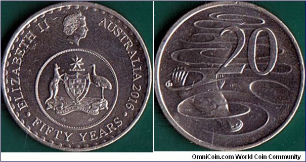 Australia 2016 20 Cents.

50 Years of Decimal Currency in Australia.
