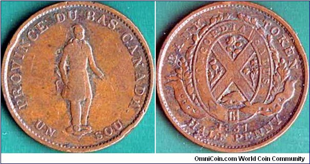 Montreal 1837 1/2 Penny (1 Sou).

City Bank.