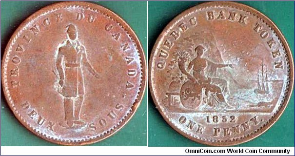 Quebec City 1852 1 Penny (2 Sous).