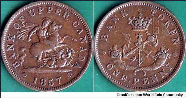 Upper Canada 1857 1 Penny.

Last date for this type.

Canada changed to decimal currency in 1858.