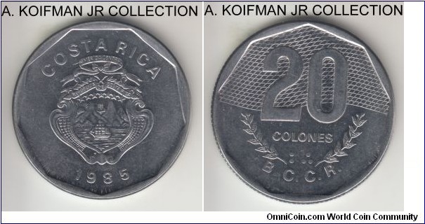 KM-216.2, 1985 Costa Rica 20 colones, Rio de Janeiro (Brazil) mint; stainless steel, reeded edge; uncirculated or almost, hard to say for steel coins.