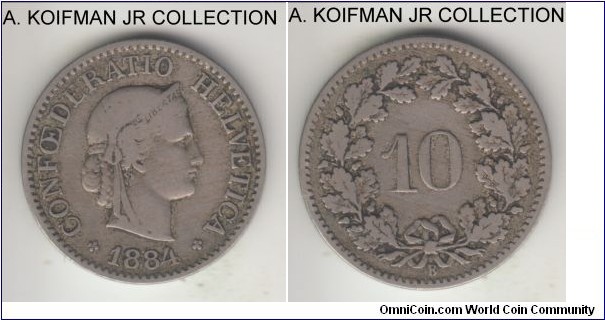 KM-27, 1884 Switzerland 10 rappen, Bern mint (B mint mark); nickel, plain edge; one of the early more common years, good fine.