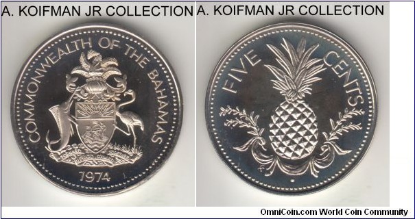 KM-60, 1974 Bahamas 5 cents; copper-nickel, plain edge, Franklin mint proof; mintage 94,000, nice and bright, very light peripheral reverse toning.