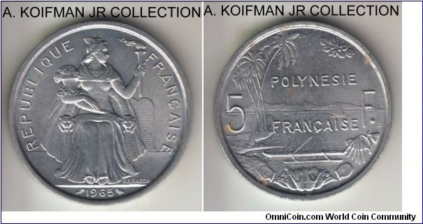 KM-4, 1965 French Polynesia 5 francs, Paris mint; aluminum, plain edge; one year type,  quite common, bright white uncirculated with minimal toning.