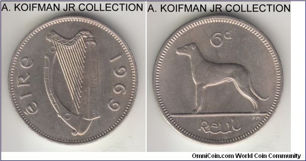 KM-13a, 1969 Ireland 6 pence; copper-nickel, plain edge; last Republican pre-decimal coinage, decent uncirculated.