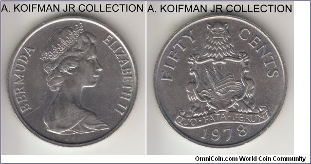 KM-19, 1978 Bermuda 50 cents; copper-nickel, reeded edge; Elizabeth II, average uncirculated or almost.