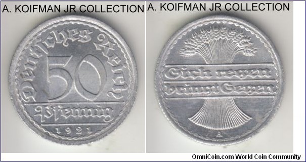KM-27, 1921 Germany (Weimar Republic) 50 pfennig, Berlin mint (A mint mark); aluminum, reeded edge; early Weimar mintage, most common year/mint of the type, average circulated.
