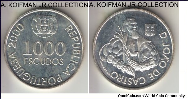 KM-732, 2000 Portugal 1000 escudos, INCM mint; silver, reeded edge; circulation commemorative, Don Joao de Castro, lightly toned uncirculated.