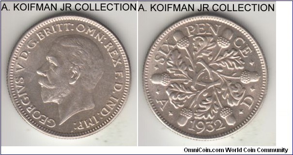 KM-832, 1932 Great Britain 6 pence; silver, reeded edge; George V, bright uncirculated.