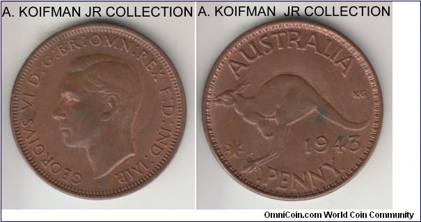 KM-36, 1943 Australia penny, Bombay mint (I mint mark); bronze, plain edge; George VI, uncirculated, mostly brown and some minor toning spots.
