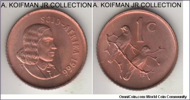 KM-65.2, 1966 South Africa (Republic) cent; bronze, reeded edge; first Republican issue, Afrikaans legend SUID AFRIKA, red uncirculated, lacking bag marks possibly from the mint set.