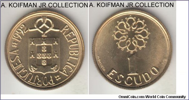 KM-631, 1992 Portugal escudo; nickel-brass, reeded edge; last pre-euro type, large signature variety, bright uncirculated.