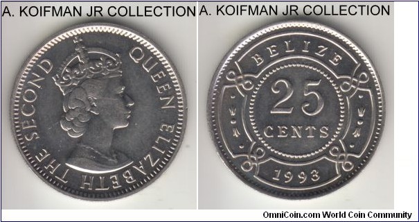 KM-36, 1993 Belize 25 cents; copper-nickel, reeded edge; Elizabeth II, proof like appearnce, possibly from the Coins of all nations mint set.
