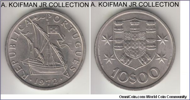 KM-600, 1972 Portugal 10 escudos; copper-nickel clad nickel, lettered edge; average uncirculated.
