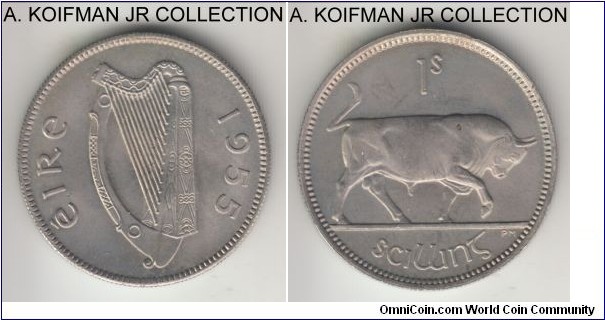 KM-14a, 1955 Ireland shilling; copper-nickel, reeded edge; smallest mintage of the type, uncirculated, couple of tiny carbon spots on reverse.