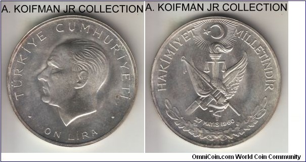 KM-894, ND (1960) Turkey 10 lira; silver, ornamented edge; May 27 1960 revolution commemorative, uncirculated, toning in places.