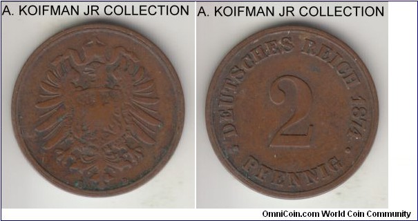 KM-2, 1874 Germany 2 pfennig, Hanover mint (B mintmark); copper, plain edge; Wilhelm I, brown fine or almost.