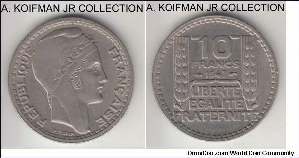 KM-908.1, 1947 France 10 francs; copper-nickel, reeded edge; large head, short leaves, average uncirculated.