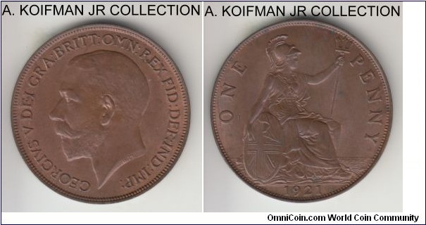 KM-810, 1921 Great Britain penny; bronze, plain edge; George V, common year, nice brown mint state uncirculated.