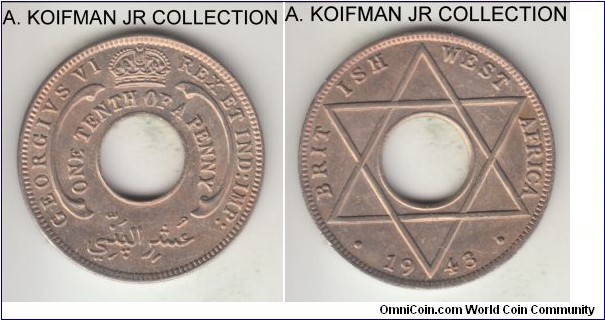 KM-20, 1943 British West Africa 1/10 penny, Royal Mint (no mint mark); copper nickel, holed flan, plain edge; George VI, rather common year, average uncirculated.