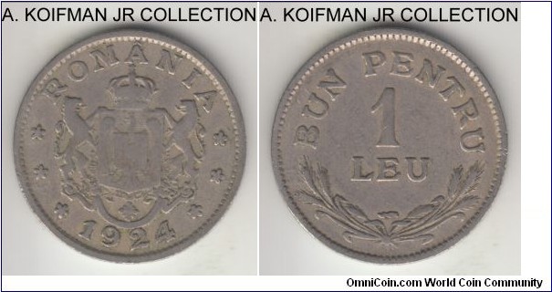 KM-46, 1924 Romania leu, Poissy mint (thunderbolt mint mark); copper-nickel, reeded edge; Ferdinand I, average circulated fine.