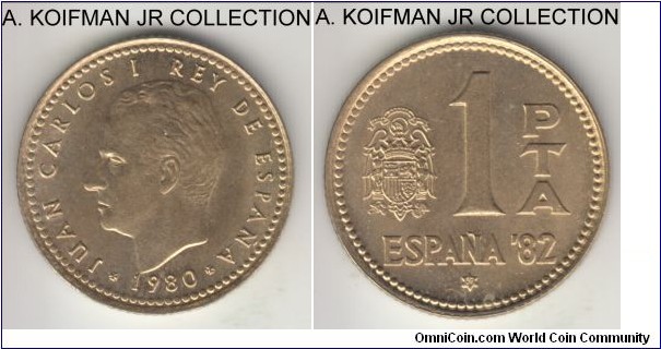 KM-816, 1980(82) Spain peseta; aluminum-bronze, reeded edge; Juan Carlos I, World Cup football circulation commemorative, bright uncirculated.