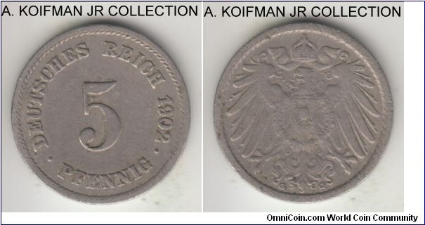 KM-11, 1902 Germany (Empire) 5 pfennig, Karlsruhe mint (G mint mark); copper-nickel, plain edge; Wilhelm II, smaller mintage year/mintmark, about very fine.