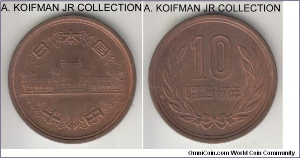 Y#73a, Showa Yr.46 (1971) Japan 10 yen; bronze, plain edge; Hirohito, red brown uncirculated or almost.