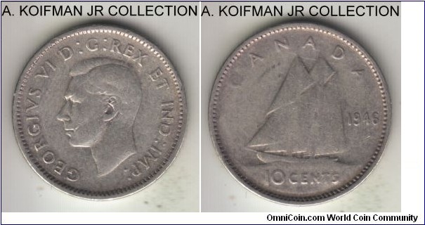 KM-34, 1946 Canada 10 cents; silver, reeded edge; George VI, average circulated.