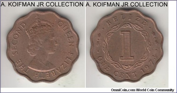 KM-33, 1974 Belize cent; bronze, scalloped flan, plain edge; Elizabeth II, mostly brown uncirculated.