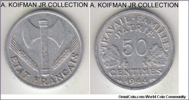 KM-914.3, 1944 France 50 centimes, Castelsarrasis mint (C mint mark); aluminum, plain edge; Vichy French State issue, almost uncirculated.
