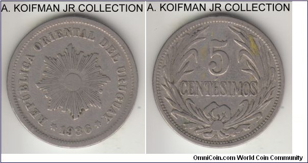 KM-21, 1936 Uruguay 5 centesimos, Vienna (Austria) mint ( A mint mark); copper-nickel, plain edge; fine or about, some residue on reverse.
